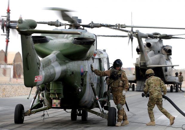 An Army Air Corps Lynx Mk9A helicopter is pictured at a refuelling point on Camp Bastion airfield, Afghanistan.