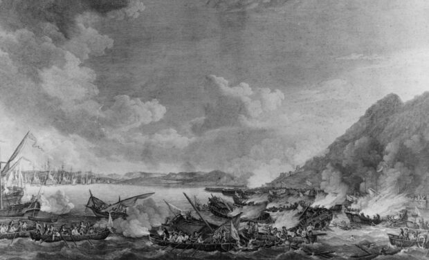 A historic painting depicting the siege of Gibraltar