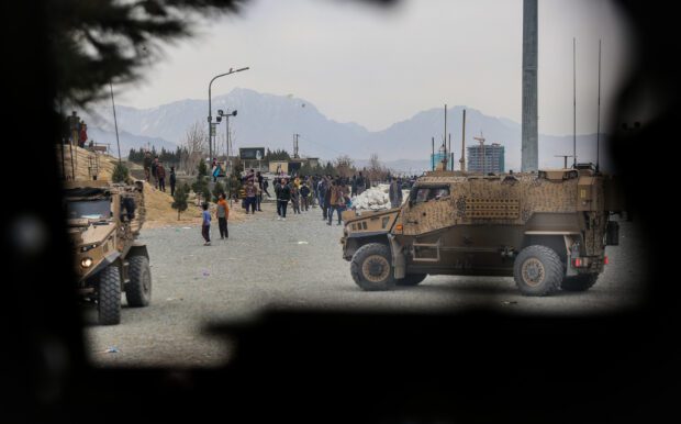 The view from inside a Foxhound looking out over Flag Hill in Kabul Afghanistan.