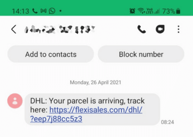 A suspicious text message claimiing to be DHL invites the user to click on a link