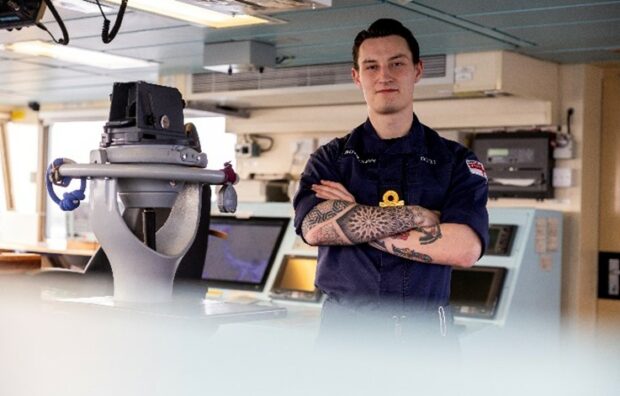 Lt Dodd, Officer of the Watch in the Ops room on HMS FORTH. Photography by Cpl C Tierney